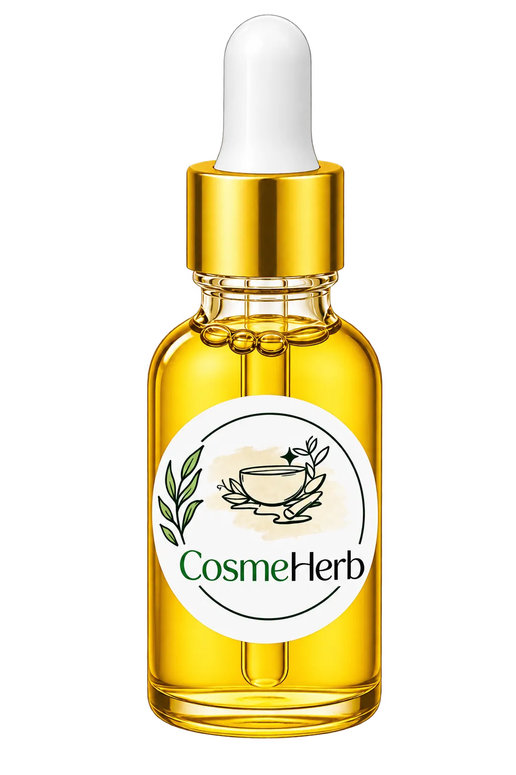 Golden CosmeHerb Face Serum Dropper Bottle