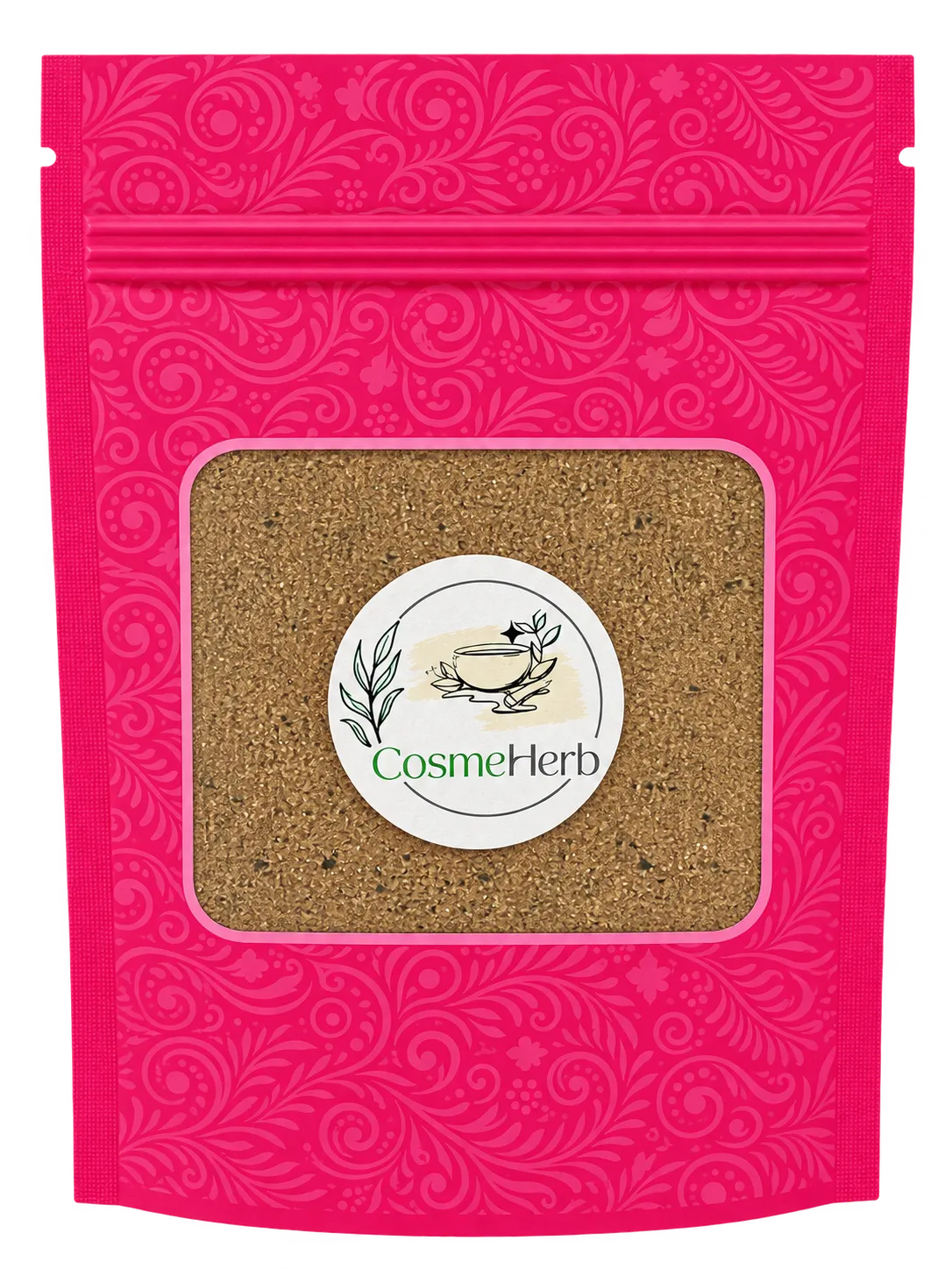 Herbal Face Pack in a Pink zip pouch with a clear window showing light brown powder and a round Cosmeherb sticker.