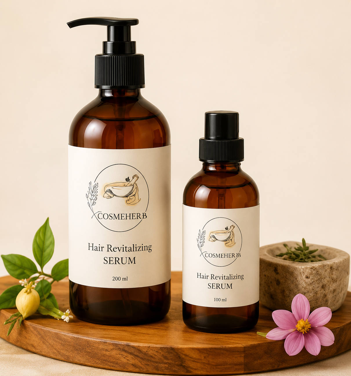 Premium Cosmeherb herbal serum bottles displayed on a wooden tray with natural botanical elements, green leaves, pink flower, and stone bowl in a soft beige studio setting, creating a clean luxury herbal skincare and wellness aesthetic.