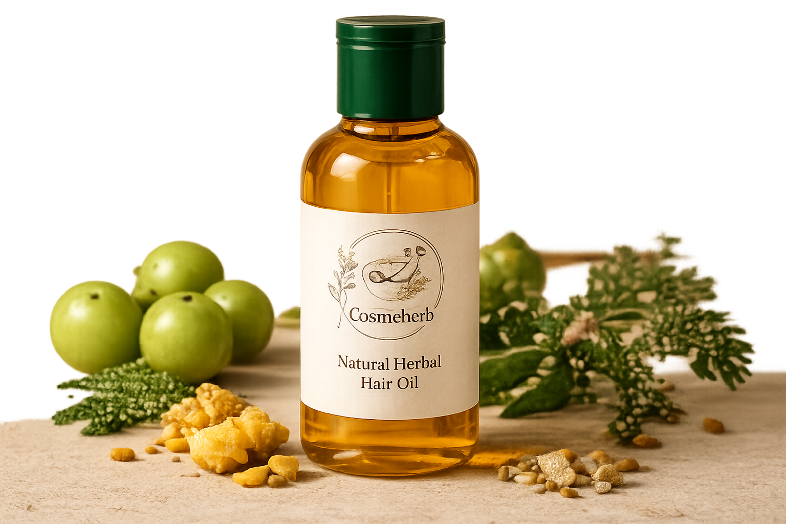 Premium Cosmeherb Natural Herbal Hair Oil bottle displayed on a warm beige surface surrounded by fresh amla fruits, herbal ingredients, and botanical elements with soft natural lighting, featuring elegant herbal-inspired packaging and a luxurious organic skincare aesthetic