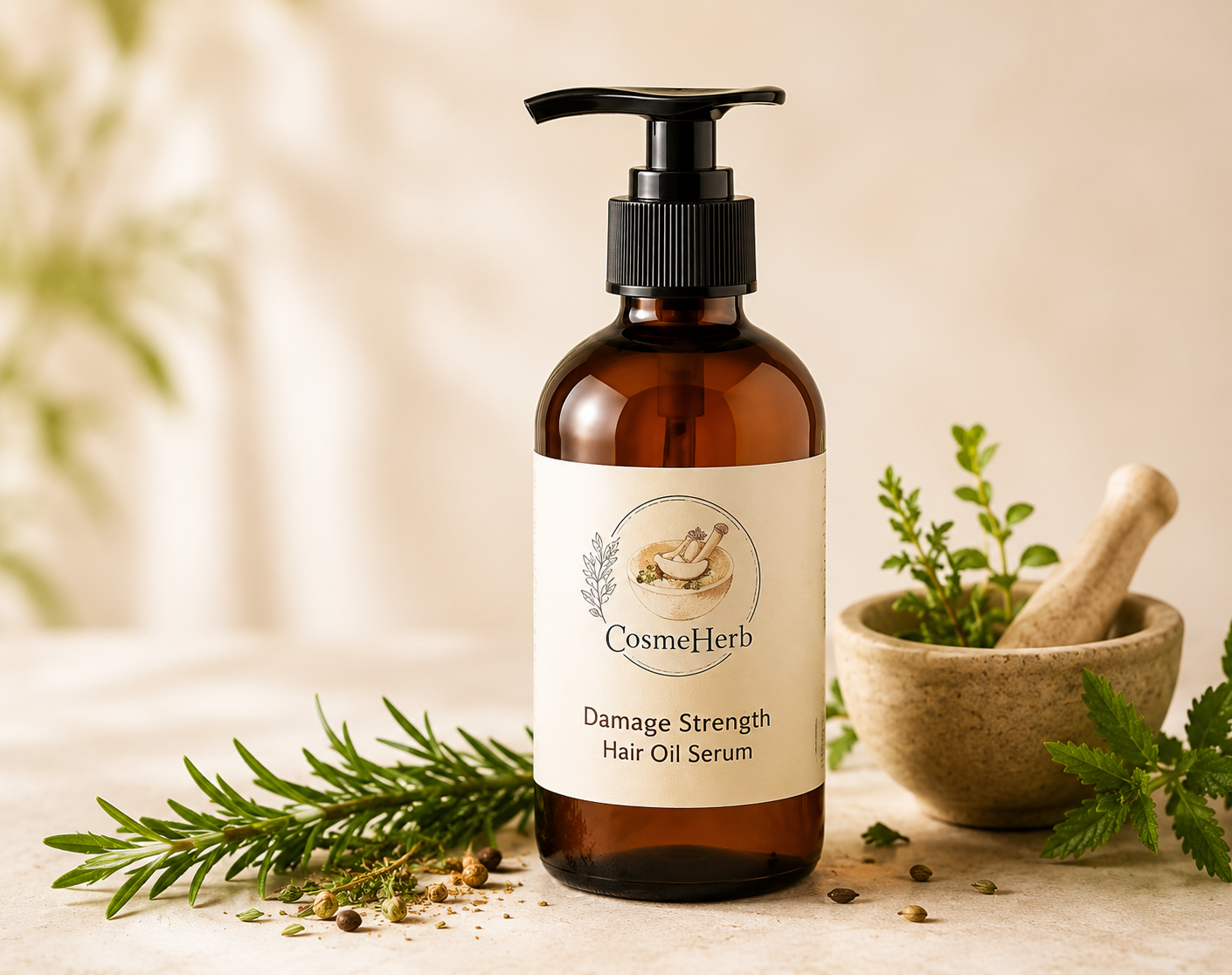 Premium Cosmeherb Natural Herbal Hair Shampoo bottle with black pump dispenser displayed on a soft beige background surrounded by fresh herbs, botanical ingredients, and a traditional mortar and pestle, creating a luxurious natural skincare and Ayurvedic beauty aesthetic.