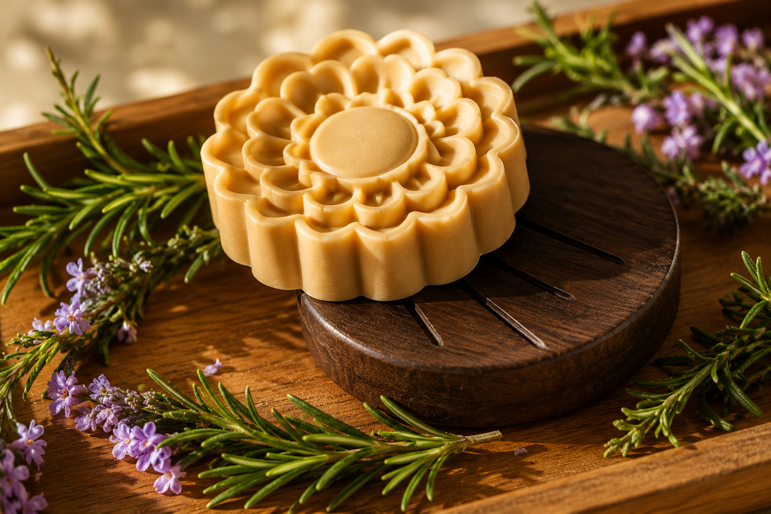 Luxury handmade herbal soap with intricate floral design displayed on a wooden soap dish surrounded by fresh rosemary and lavender flowers under warm natural lighting, creating a premium organic skincare and spa-inspired beauty aesthetic.
