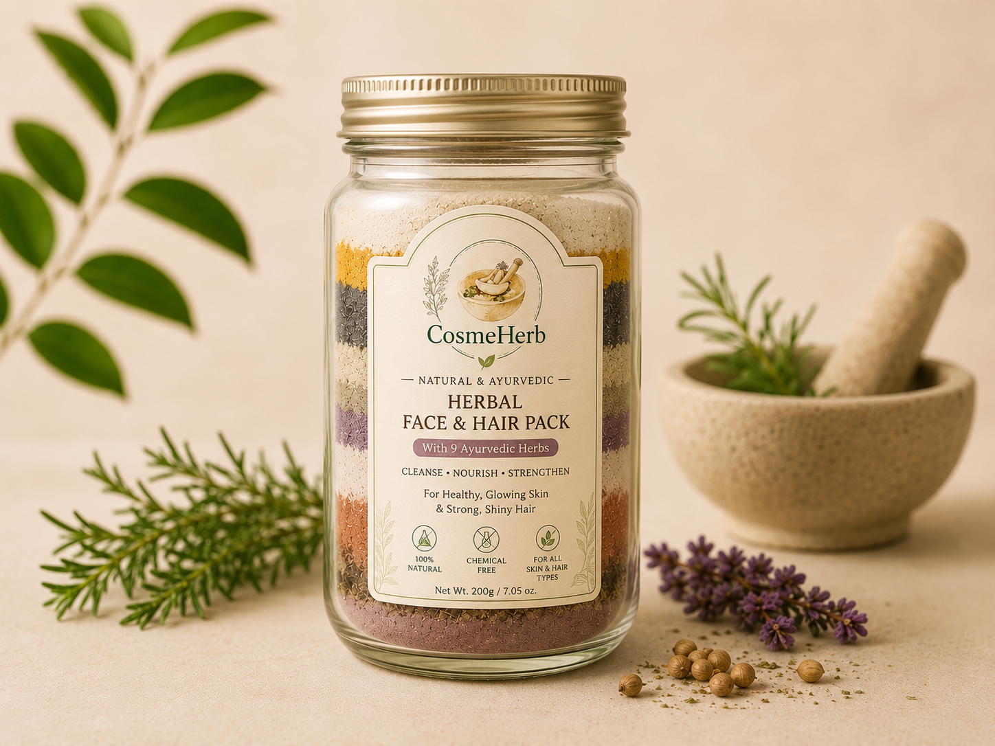 Premium Cosmeherb Herbal Face & Hair Pack displayed in a transparent glass jar with layered Ayurvedic herbal powders and elegant botanical labeling, surrounded by fresh herbs, lavender flowers, and a traditional mortar and pestle on a warm beige background with soft natural lighting.