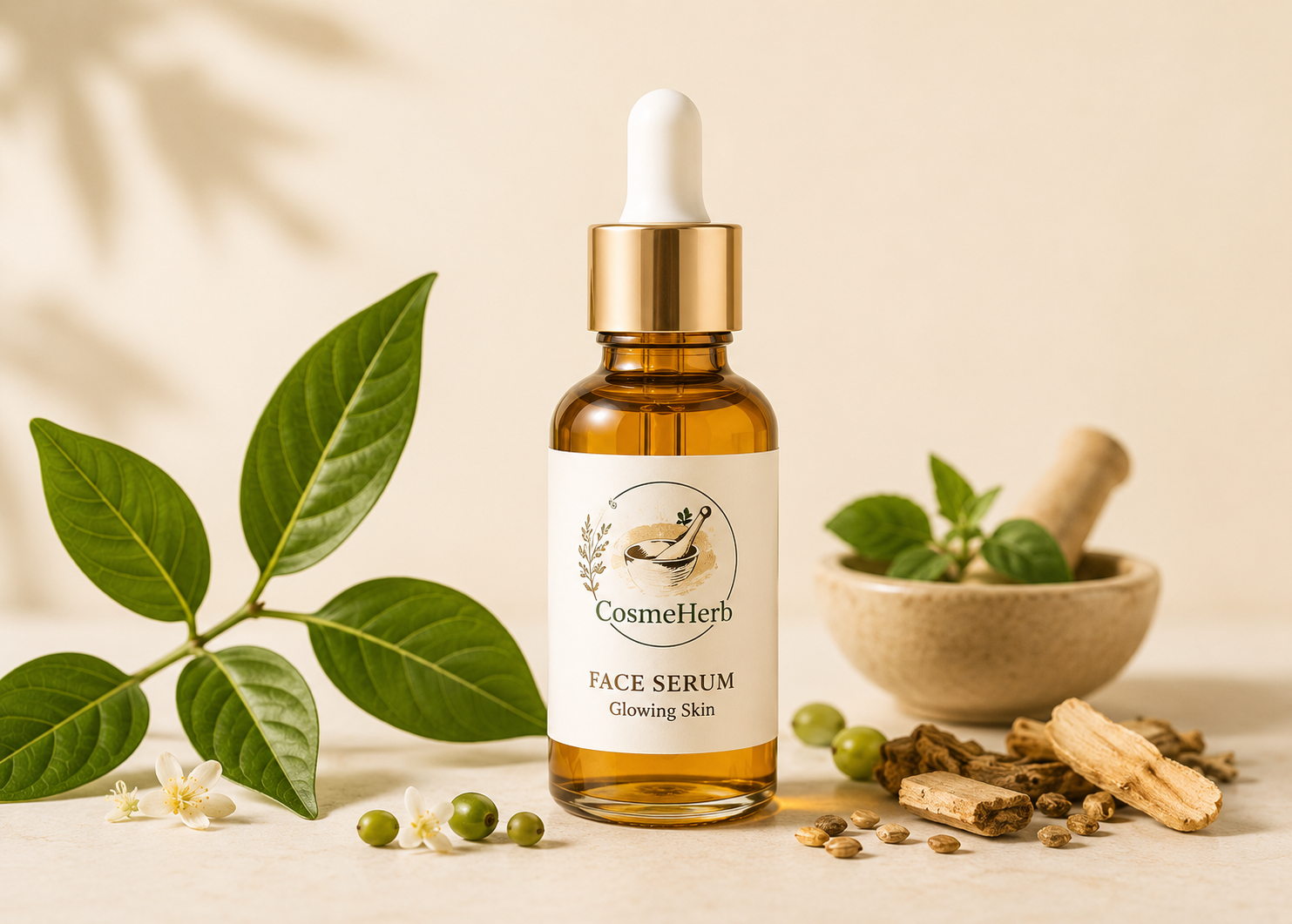 Premium Cosmeherb face serum bottle with gold dropper cap displayed on a soft beige background surrounded by fresh green leaves, herbal ingredients, and botanical elements, creating a luxurious natural skincare and herbal beauty aesthetic with warm natural lighting.