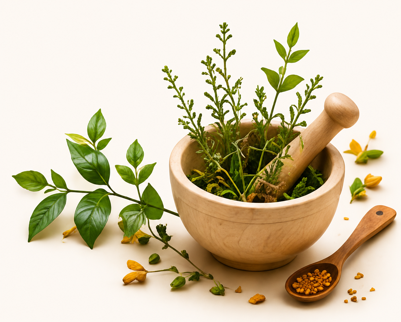 Minimalist herbal still-life scene featuring a wooden mortar and pestle filled with fresh green herbs, surrounded by natural leaves, seeds, and botanical elements on a soft cream background, creating a clean organic wellness and Ayurvedic-inspired aesthetic.