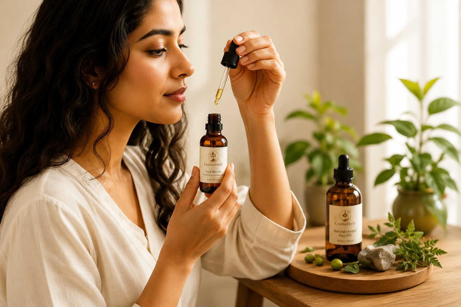 Young South Asian woman applying Cosmeherb face serum using a dropper in a warm sunlit indoor setting, surrounded by herbal skincare products, greenery, and natural ingredients, creating a calm premium self-care and herbal beauty atmosphere.