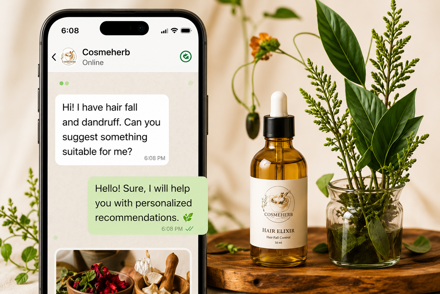 Smartphone displaying a Cosmeherb WhatsApp consultation chat beside a premium herbal hair serum bottle and fresh green botanical elements on a wooden surface, creating a warm personalized herbal skincare and wellness support aesthetic.